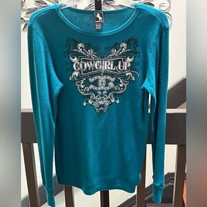 EUC Cowgirl Teal Long Sleeve Top Size XL #325